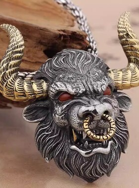 复古霸气牛头吊坠男925银牛气冲天项链民族风潮个性项坠生肖牛