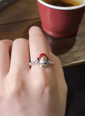 S925银珐琅彩小财神戒指女小众设计轻奢高级感国风招财偏财食指戒
