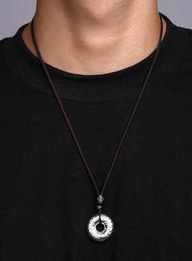 民族风简约平安扣吊坠仿纯银潮牌项链男女手工锤纹银挂件手工编织