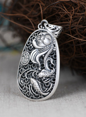 百搭民族风荷花锦鲤吊坠银项链女