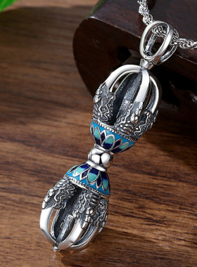 复古做旧景泰蓝金刚杵仿纯银吊坠藏传小众设计降魔杵项链饰品挂件