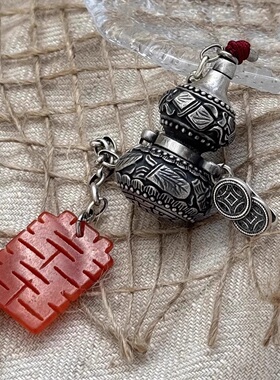 925纯银八仙葫芦吊坠男复古玉髓项链女空心可打开装东西饰品挂件