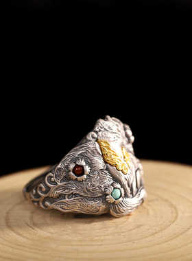 原创国潮霸气招桃花九尾狐狸仿纯银戒指男女士时尚个性复古饰品