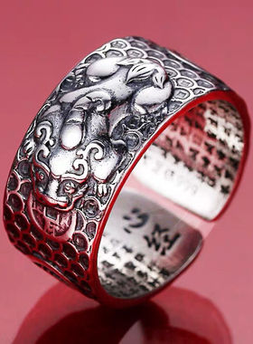 复古招财转运貔貅男士戒指霸气单身食指潮心经复古宽大开口指环男