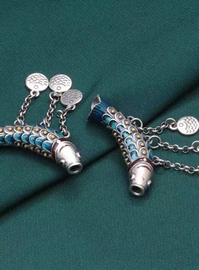 纯银弯管小鱼民族风锁骨链吊坠