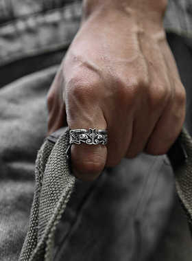 招财转运饕餮活口可调节戒指复古指环男士潮镀S925纯银民族风霸气