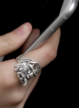 925纯银招财饕餮戒指男女士复古国潮百搭霸气潮男个性潮人情侣戒