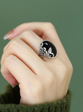 黑玫瑰花纯银仿玉髓戒指小众轻奢复古设计民族风文艺国潮开口指环
