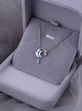 星星月亮蓝色渐变仿纯银项链夜光石小众设计锁骨链冷淡风轻奢颈链