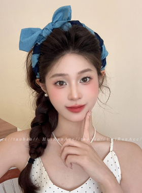 牛仔蓝波点蝴蝶结发箍