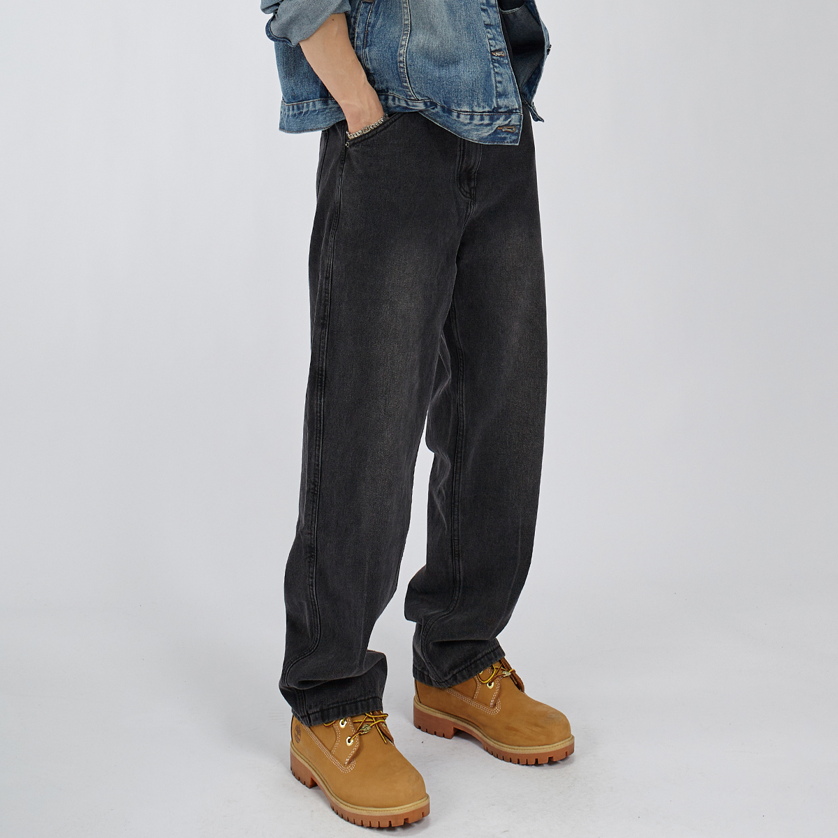 HAMB原创 2025秋冬新款美式复古洗水黑牛仔裤男加绒直筒宽松大码 - 图1