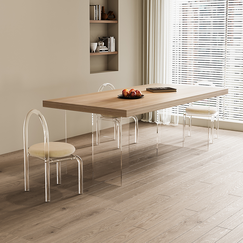 原木风亚克力木纹岩板餐桌家用现代简约高端轻奢长方形悬浮西餐桌 - 图1