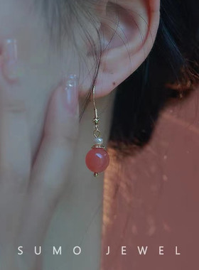 绯红色简约耳钩复古圆珠子耳环旗袍汉服耳线古风饰品女无耳洞耳夹