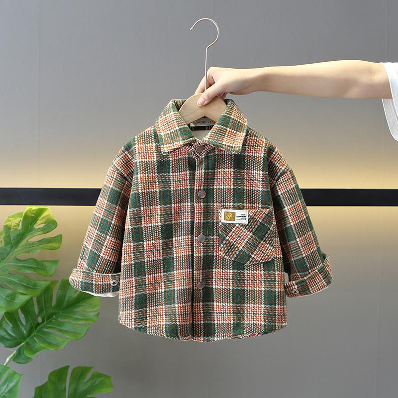 男童加绒衬衫格子外套秋冬季2024新款中小童装帅气宝宝加厚衬衣潮 - 图0