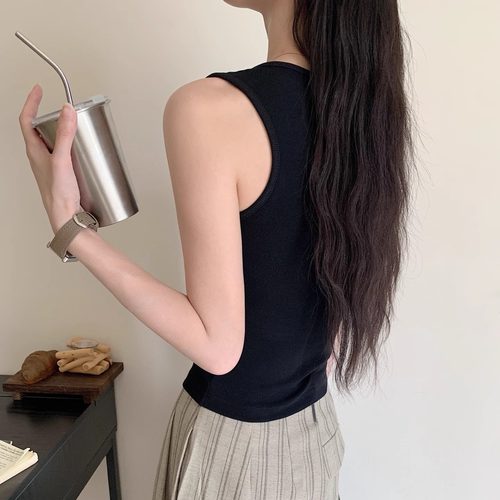 韩系方领吊带背心女秋冬黑色宽肩带显瘦遮副乳带胸垫抹胸打底上衣 - 图0