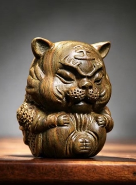 天然绿檀木雕虎止怒家居摆件
