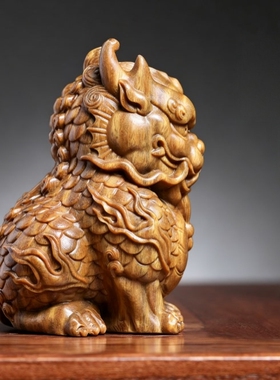 绿檀麒麟木雕摆件吉祥物乔迁送礼
