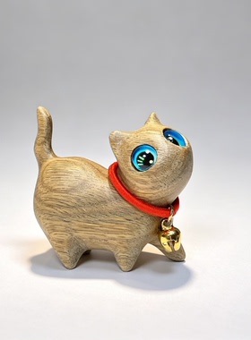 手工檀木雕可爱小猫咪摆件