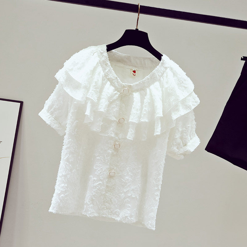 夏季2020年新款雪纺短袖白衬衣小衫 saronala莎欧娜拉蕾丝衫/雪纺衫