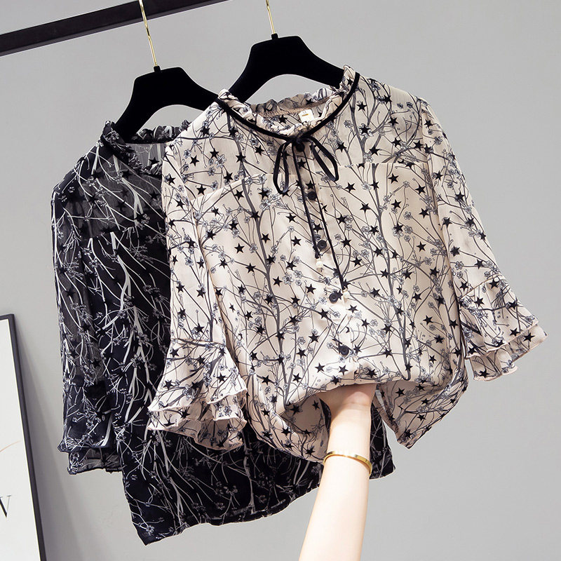 碎花雪纺女式夏装2020年新款衬衫 saronala莎欧娜拉蕾丝衫/雪纺衫