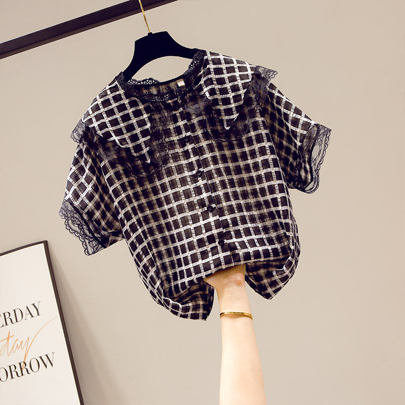 2020年新款夏季女装短袖雪纺衬衫 saronala莎欧娜拉蕾丝衫/雪纺衫