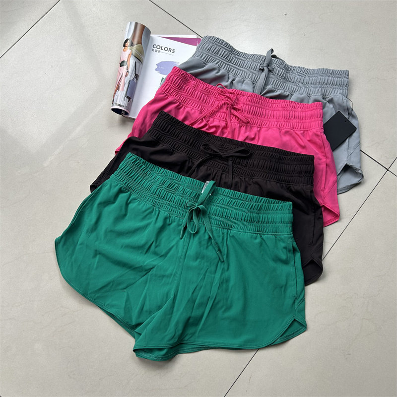 Women's running shorts triangle inner inch belt drawstring summer quick-drying three-point sports pants fake two-piece fitness outer pocket