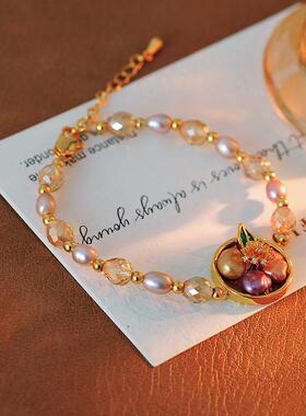 2025新款高级感淡水珍珠手链轻奢花朵绿色手链气质吊坠手串珠配饰