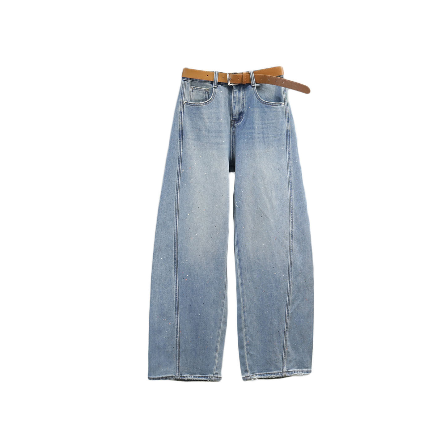 浅蓝色高腰烫钻弯刀牛仔裤女2026春夏新款宽松显瘦百搭休闲阔腿裤,淘宝优惠券,粉丝福利购,淘宝优惠卷