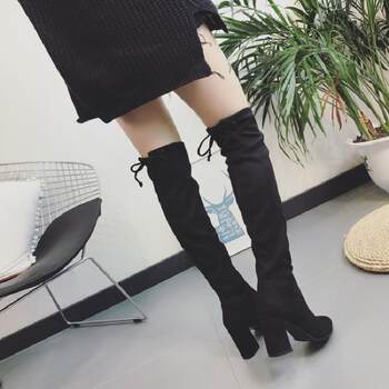 ເກີບສົ້ນຕີນສີດຳ elastic over-the-knee thick heel suede boots 2017 new women's shoes high heels pointed toe slimming boots