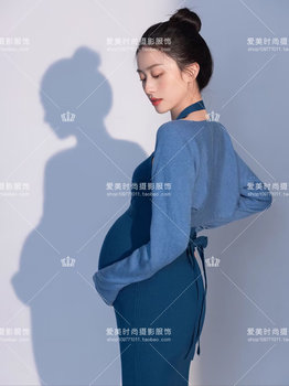 23 New Maternity Photo Clothing Photo Studio Blue Slim Knitted Suit Dress Art Photo Maternity Photography Clothes