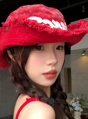 韩版毛边字母红色渔夫帽女大头围