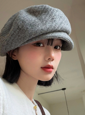 灰色含羊毛针织短檐贝雷帽女秋冬