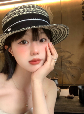 复古老钱风黑白色编织草帽高级感