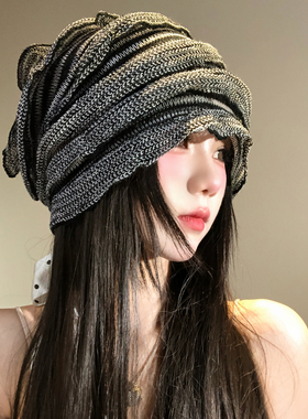 春夏条纹褶皱小众设计感套头帽女