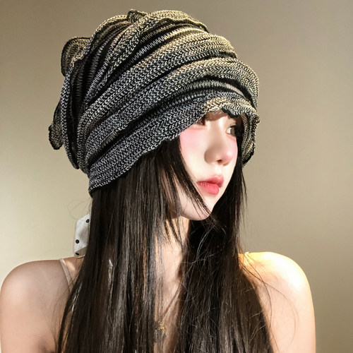 春夏条纹褶皱小众设计感套头帽女Y2K时髦冷帽堆堆帽薄款针织帽子 - 图1