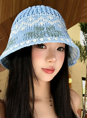 韩系蓝色提花针织渔夫帽女士春夏