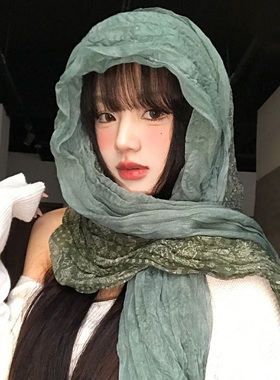复古文艺绿色褶皱碎花丝巾女系脖