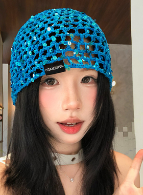 韩系蓝色亮片镂空包头帽女士夏季