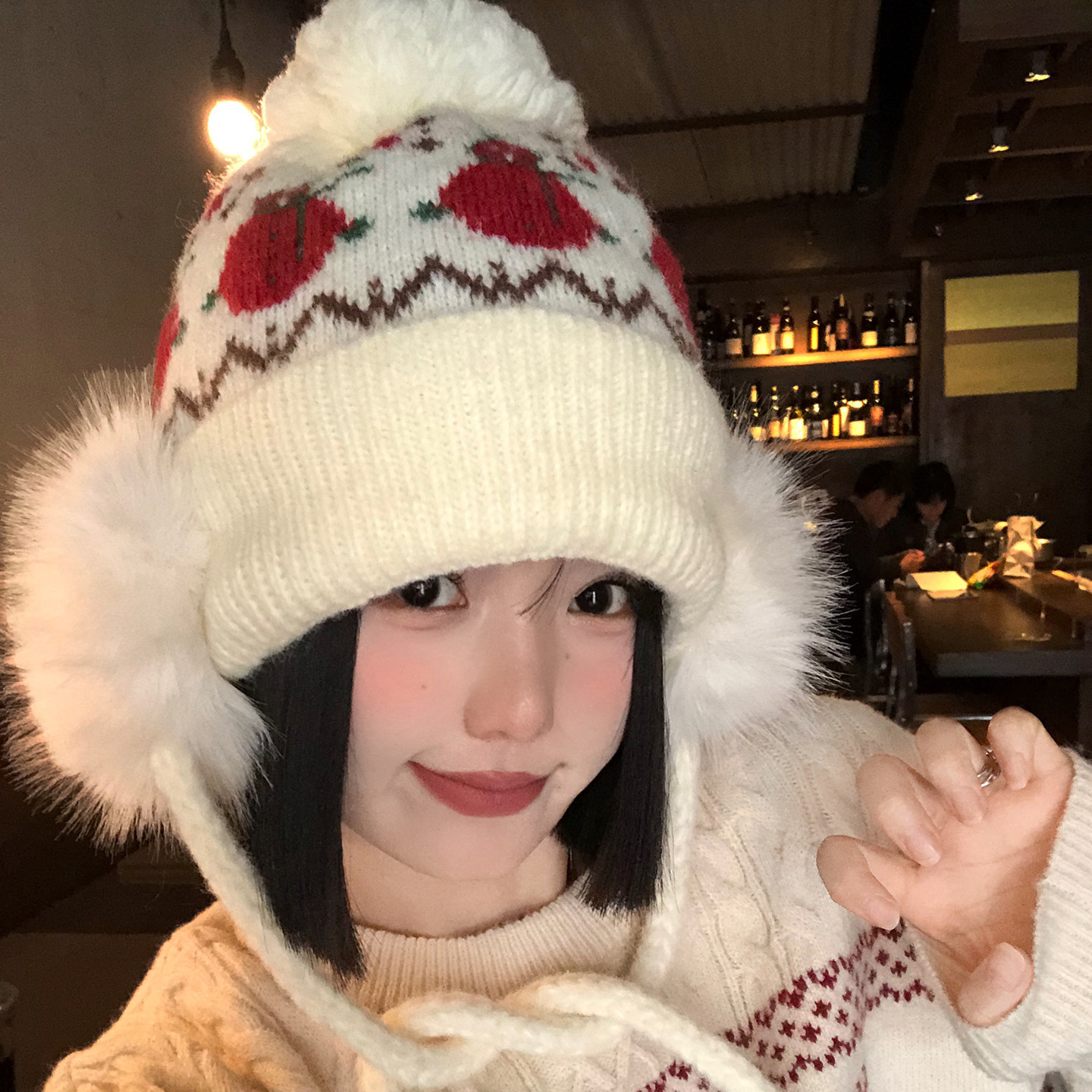 费尔岛提花可爱小雪人针织帽女冬季氛围感显脸小保暖护耳毛线帽子,淘宝优惠券,粉丝福利购,淘宝优惠卷