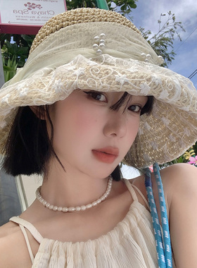 蕾丝珍珠系带法式镂空草帽女春夏