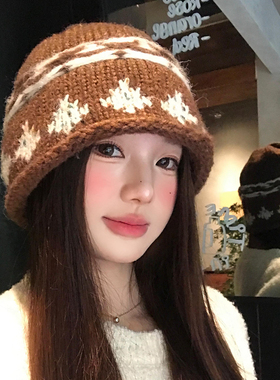 费尔岛格纹针织毛线帽子秋冬保暖