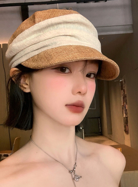 气质老钱风亚麻褶马术帽女春夏