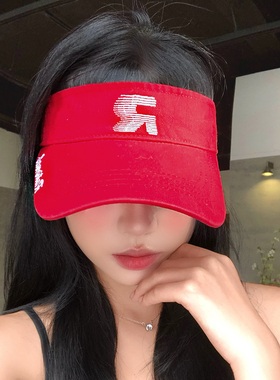 韩版红色刺绣字母网球空顶帽女夏