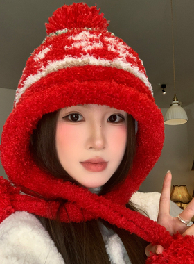 红色可爱毛球绑带毛绒帽子女冬季