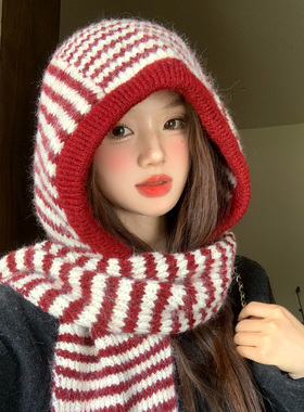 红色条纹巴拉克拉法帽女冬季保暖