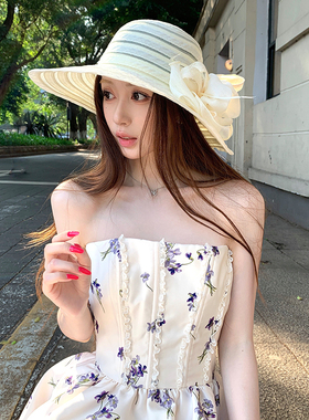 法式花朵优雅礼帽女夏季透气遮阳