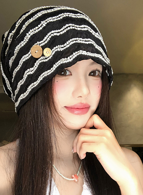 复古黑色条纹蕾丝堆堆帽女款夏季