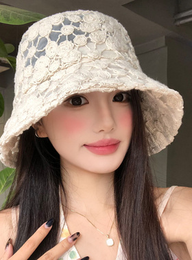 新款法式蕾丝花朵针织渔夫帽女春