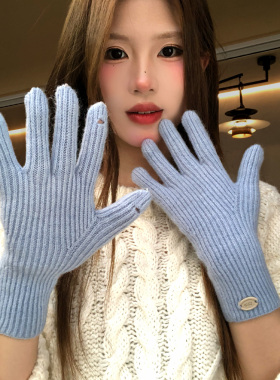 蓝色针织毛线手套女冬季五指露指