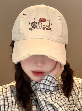 可爱刺绣Kitty猫破洞棒球帽女生